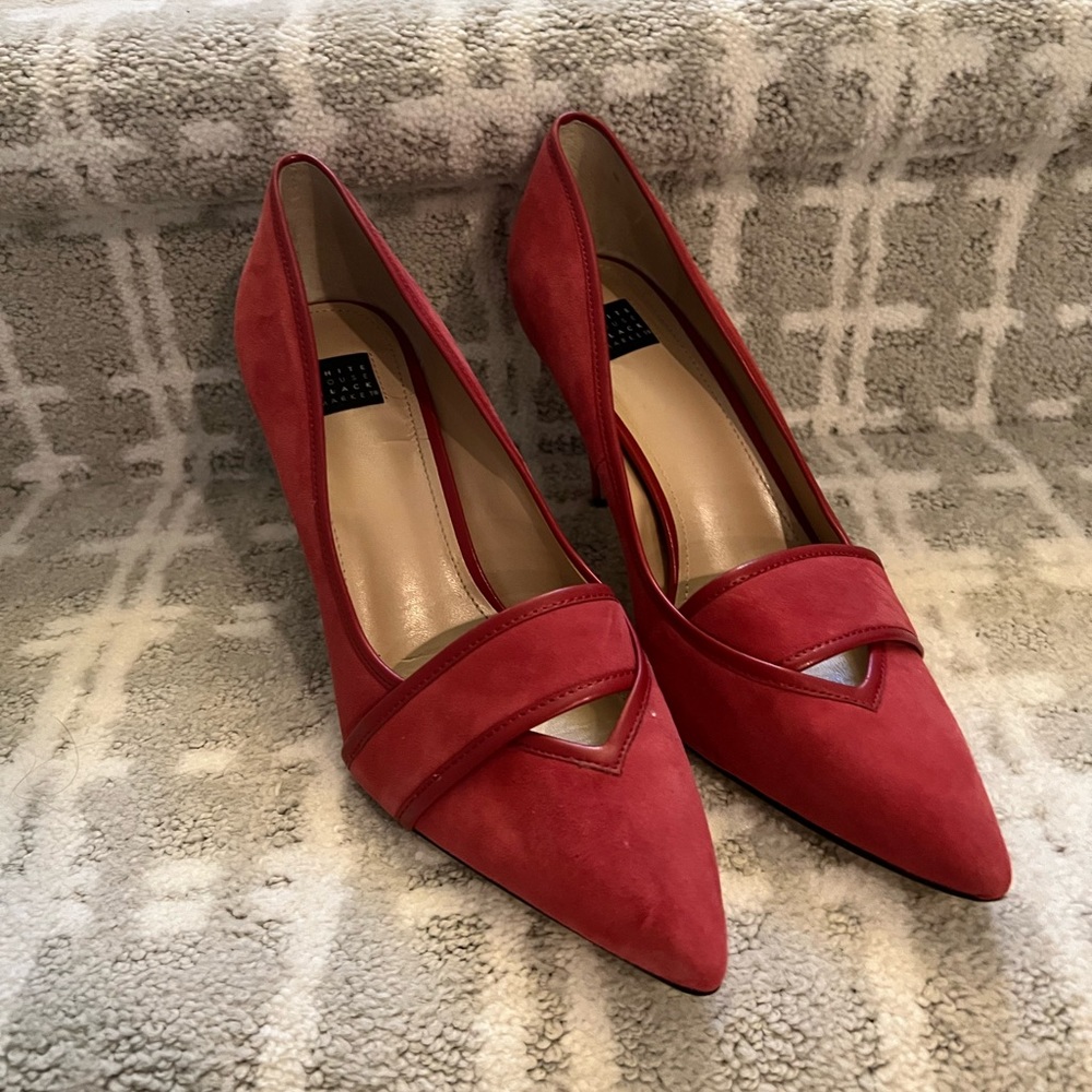 Red Hayden Suede Heels. Never worn. More of a salmon color than red. 3 1/2 heel.